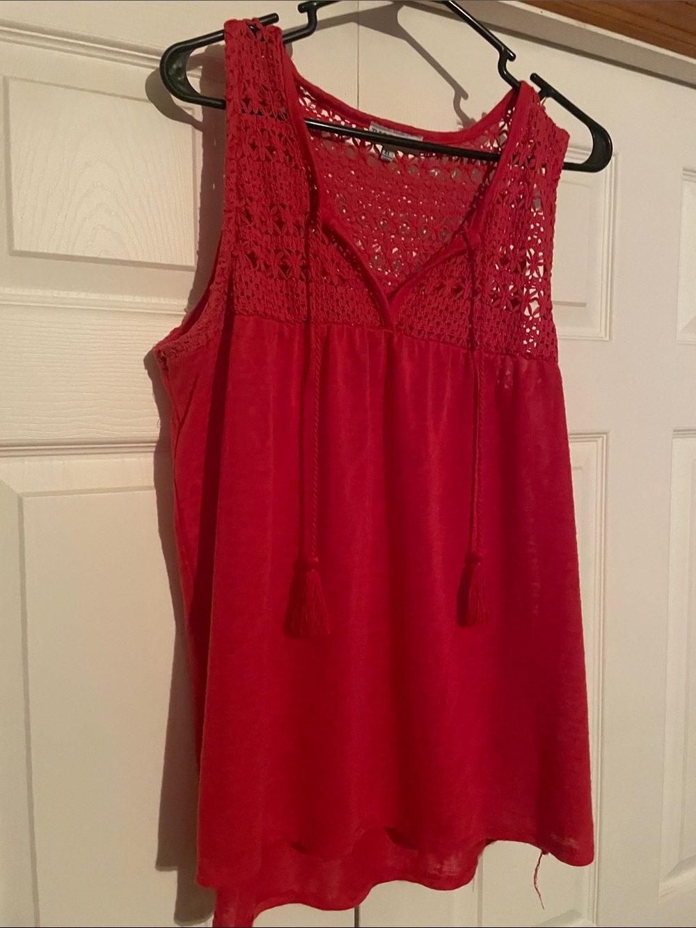 Crochet Yoke Red Tank Top with Tassel Ties